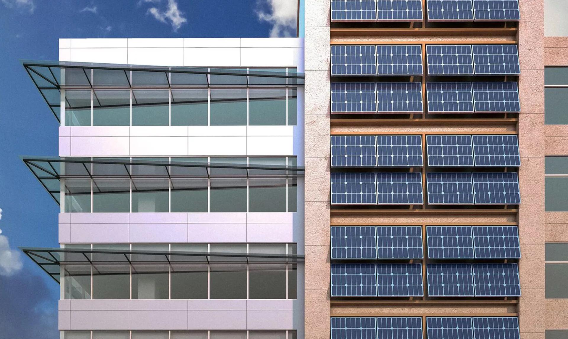 Urban parking garage next to building with solar panels
