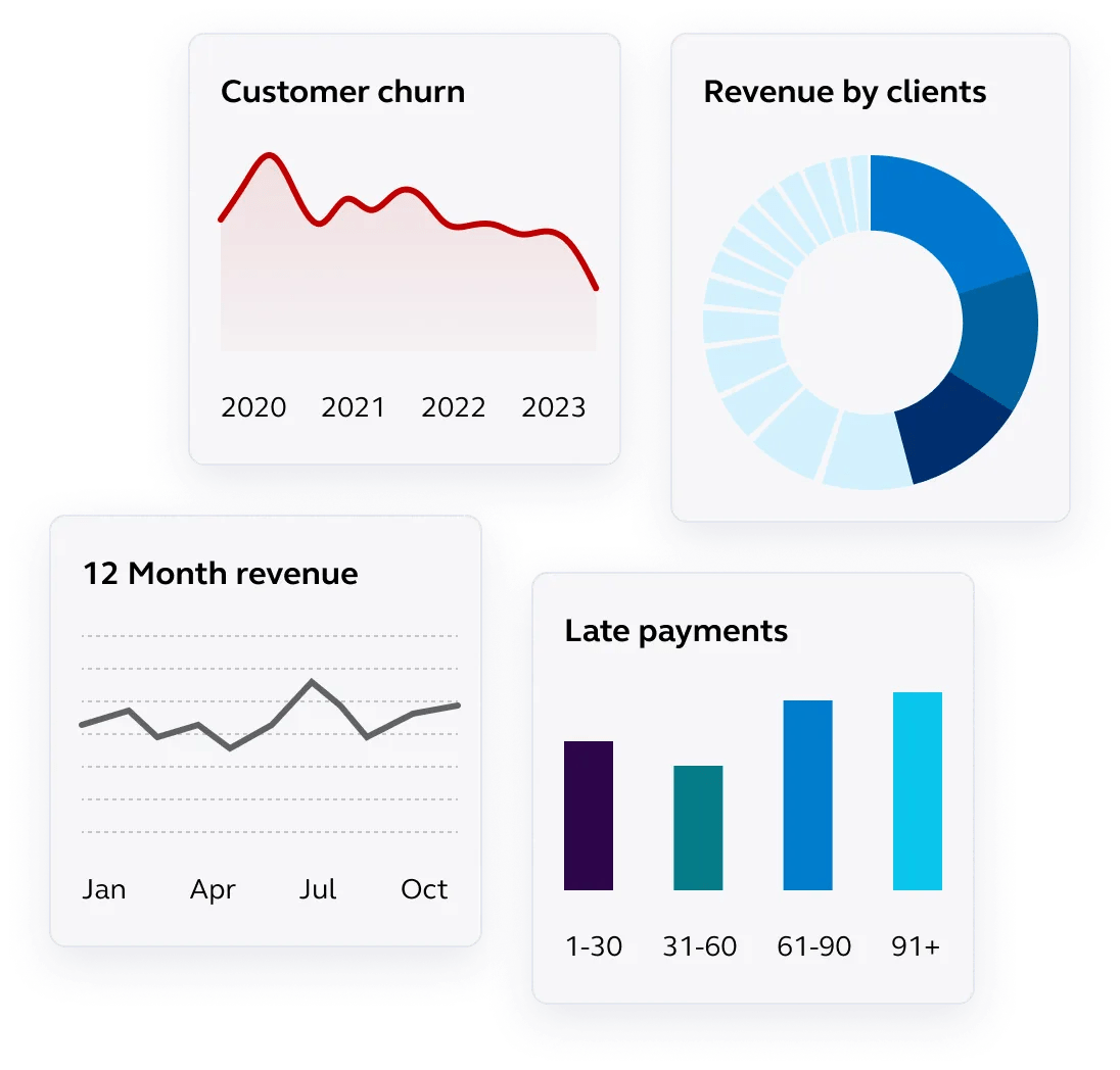 Example charts of Elevated Insights including customer churn and late payments.