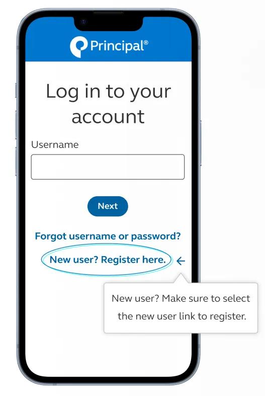 Smartphone displaying login screen for an account. A message advises new users to select the "New user? Register here" link.