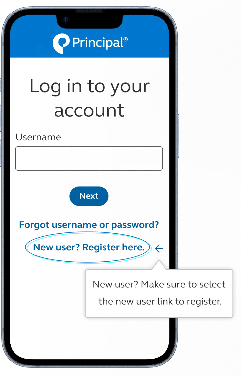 A smartphone displays a login screen for Principal.