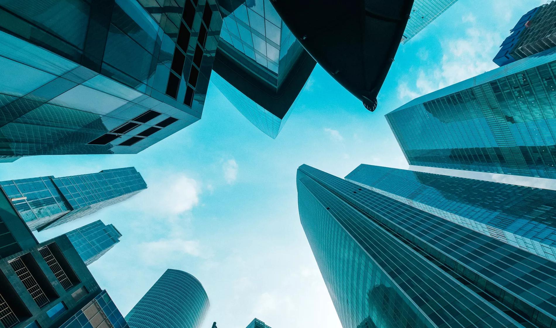 Skyscrapers in downtown area, bottom view.