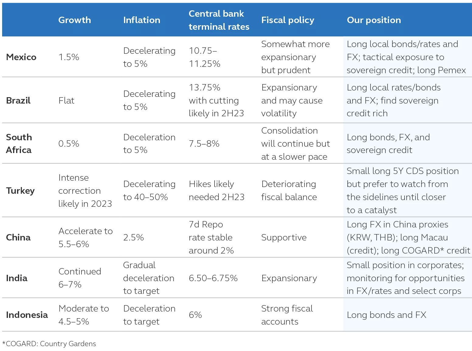 Table showing key country views in terms of growth, inflation, central bank terminal rates, fiscal policy, and the Principal position 